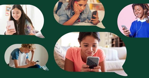 Five diverse teens stay connected on their smartphones inside speech-bubble frames; some grin happily while messaging, and one boy looks upset from a disappointing conversation, showing varied moods during online texting.