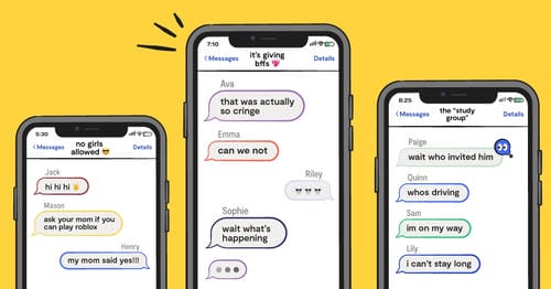 Three smartphone screens display separate teen group chat threads, with casual slang-filled messages about hanging out, playing online games and making plans for meetups.