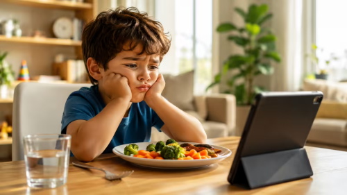 A young boy rests his cheeks in hands, staring fixedly at a propped-up tablet while a full plate of cooked vegetables sits untouched in front of him, refusing his healthy dinner because of screen distraction.