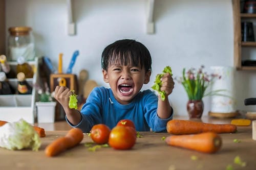 A young boy shouts angrily at the kitchen table, squeezing lettuce in both hands and refusing to eat fresh carrots, tomatoes and leafy greens laid out in front of him.