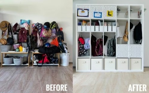 Entryway storage before & after organization