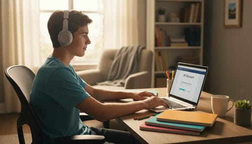 A teenage boy wears over-ear headphones and types on a laptop at a well-organized home desk, attending remote online study courses with stacked notebooks beside the device.