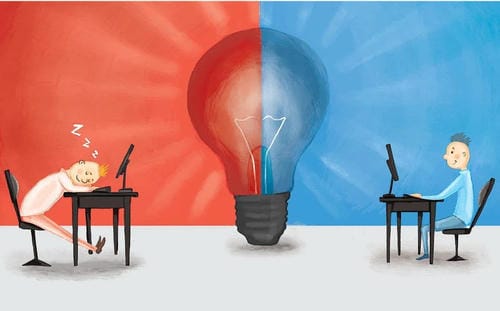 Split-color artwork with a half-red half-blue lightbulb symbol: one man sleeps slumped over his desk exhausted, while another stays awake focused at work, contrasting sleep-deprived burnout and alert productive states.