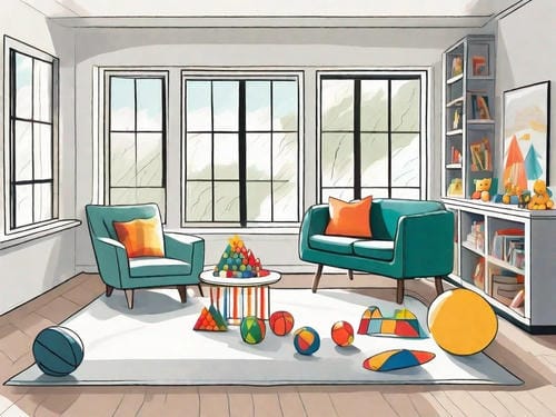 Cartoon-style drawing of a tidy play area with armchairs, assorted building blocks, play balls and open storage bookshelf filled with toys and picture books.
