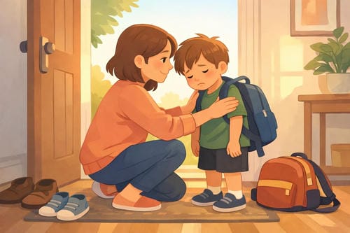 At the doorway, a mother kneels down to soothe her little son, who wears a school backpack and looks gloomy and anxious about going to school. She gently places her hands on his shoulders to ease his separation anxiety.