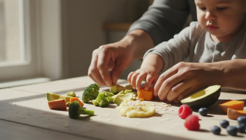 With an adult’s gentle guidance, a toddler touches cut-up fresh fruits and vegetables including broccoli, avocado, sweet potato and berries on a wooden table. It is the baby-led weaning stage for kids to explore different solid foods by hands.