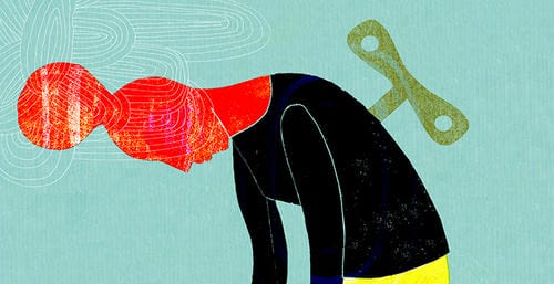An illustrative artwork shows a hunched-over woman with a wind-up key behind her back, symbolizing mothers running on empty, worn down from endless repetitive family duties.